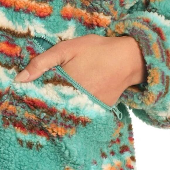 NWT Rock & Roll Denim Ladies Aztec Print Teal 1/4 Zip Sherpa Pullover Size Large - Picture 2 of 3